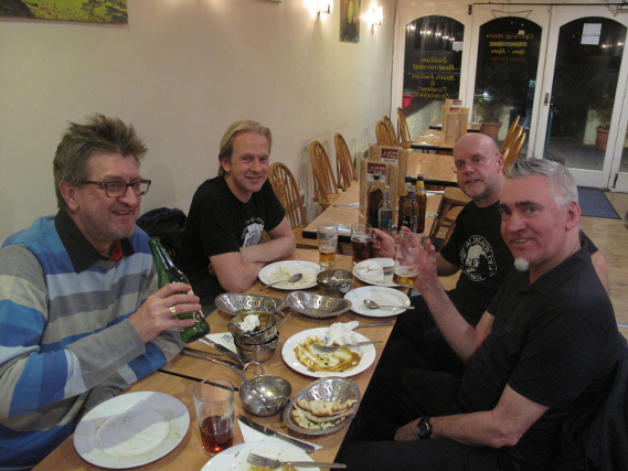 Church of Elvis celebrating recording for Rocker with a curry