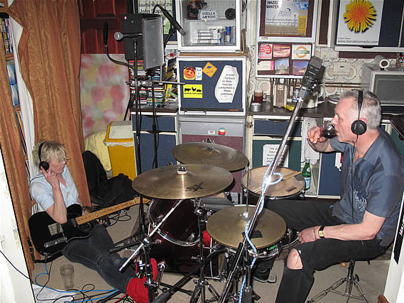 Rita Lynch and drummer John Langley take a well-earned break during the recording of their Dandelion Radio session at Rocker's studio - 13/2/2011